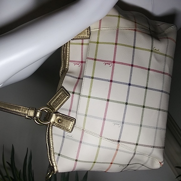 SOLD Coach plaid Peyton tattersall pocket cream white leather tote used. - Picture 4 of 5